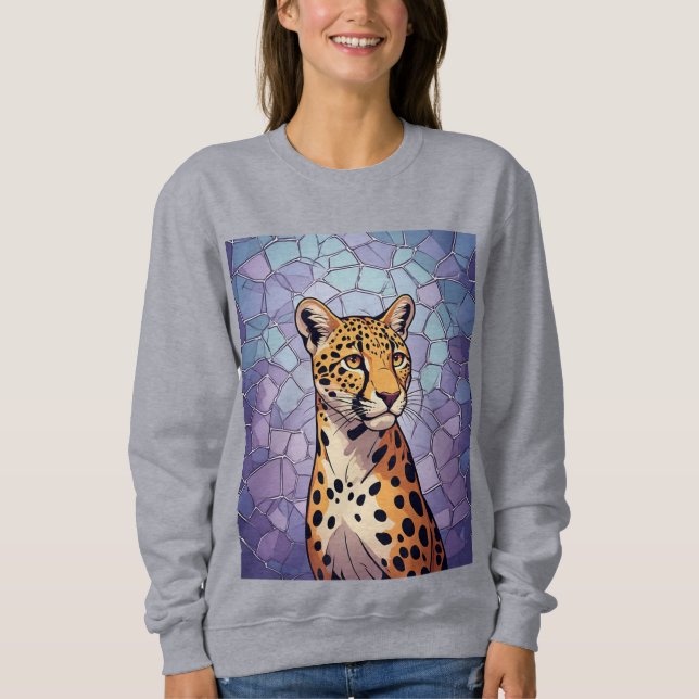 Kunglig Leopardporträtt Med Mozaikfärgat Glas T Shirt (Framsida)