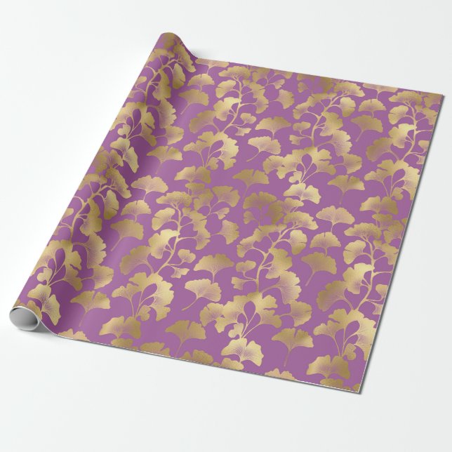 Kunglig Lila Ginkgo-blad Lyxig Guldmönster Presentpapper (Utrullad)