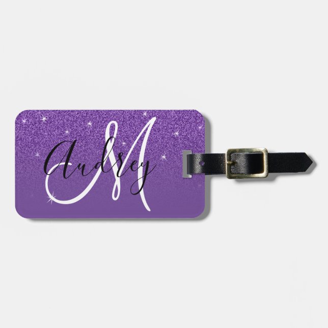 Kunglig Lila Glitter Ombre Personlig Monogram Bagagebricka (Horisontell Framsida)