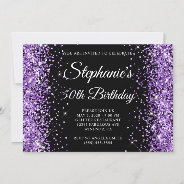 Kunglig Lila Glitter Svart Monogram 50-årsdag Inbjudningar (Framsida)