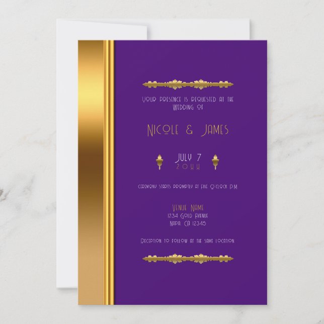 Kunglig Lila Guld Elegant Glam Bröllop Inbjudningar (Framsida)