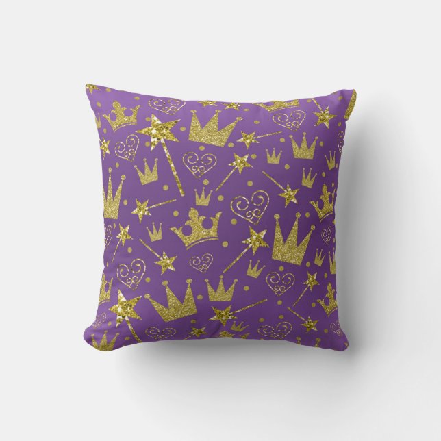 Kunglig Lila & Guld Glitter Flickor Prinsessa Deko Kudde (Framsida)