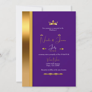 Kunglig Lila Guld Krona Elegant Glam Bröllop Inbjudningar