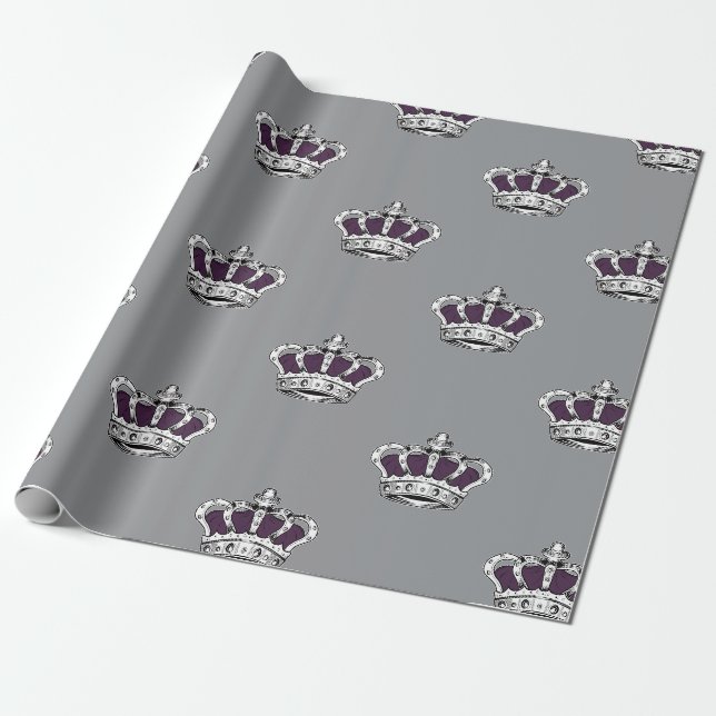Kunglig lila kronmönster på modern grå bakgrund presentpapper (Utrullad)