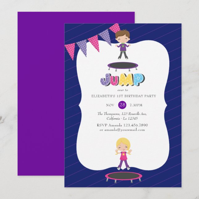 Kunglig lila och blå trampolin födelsedagsfest inbjudningar (Fram/baksida)