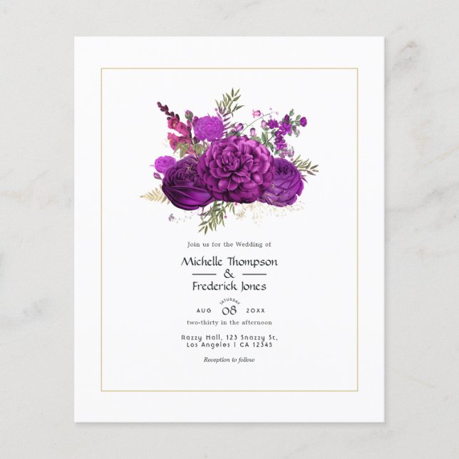 Kunglig lila och guld blommig bröllopsinbjudan flygblad (Framsidan)