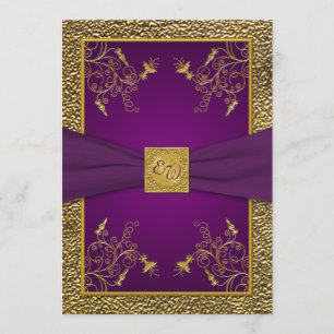 Kunglig lila och guld monogram bröllopsinbjudan inbjudningar
