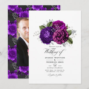 Kunglig lila och silver blommande bröllopsfoto inbjudningar