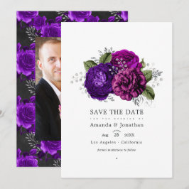 Kunglig lila och silver blommande bröllopsfoto spara datumet