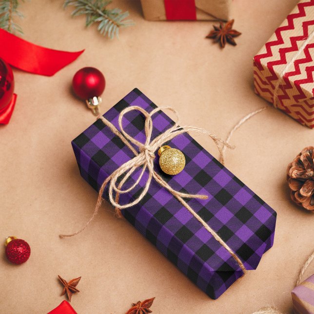 Kunglig Lila och Svart Buffel1 Karo Presentpapper (Royal Purple and Black Buffalo Plaid Wrapping Paper)