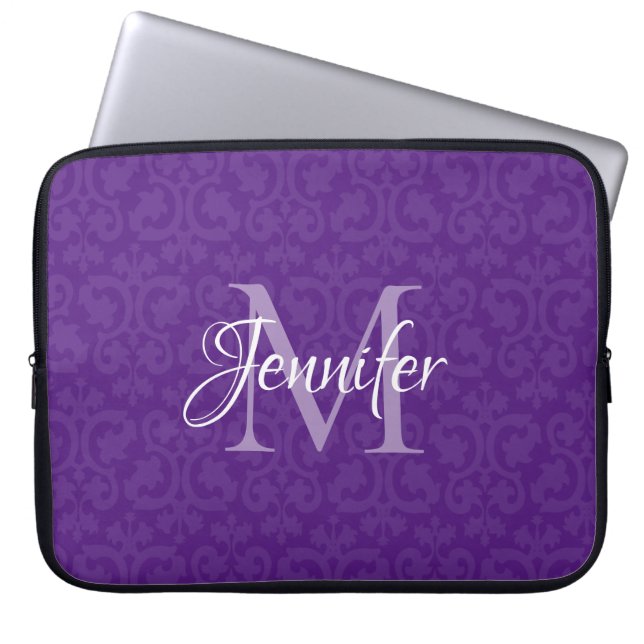 Kunglig lila och vit monogramdamast laptop fodral (Framsidan)