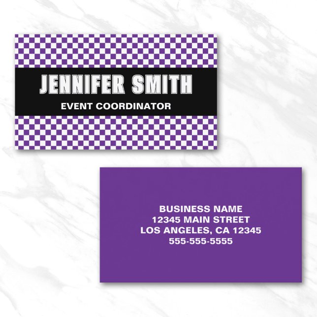 Kunglig Lila och Vit Rutig Djärv Minimalistisk Visitkort (Royal Purple and White Check Bold Minimalist Business Card)