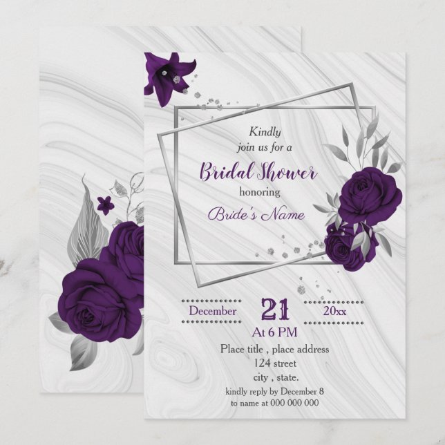 kunglig lila silver blomsterlig bröllopsdusch inbjudningar (Fram/baksida)