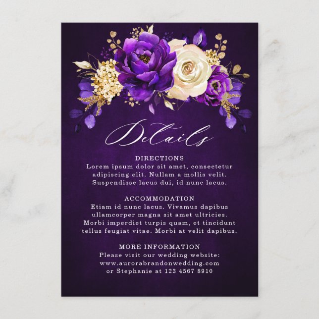 Kunglig Lila Violett Guld Botaniska Bröllopsdetalj Tilläggskort (Framsida)