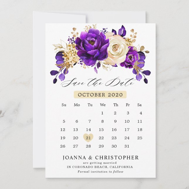 Kunglig Lila Violett Guld  kalender Spara Datumet (Framsida)