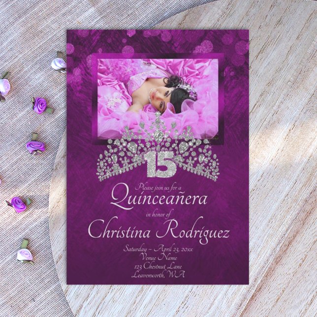 Kunglig Lila, Violett Quinceanera Diamanttiara Inbjudningar (royal purple, violet and silver tiara quinceanera invitaitons)