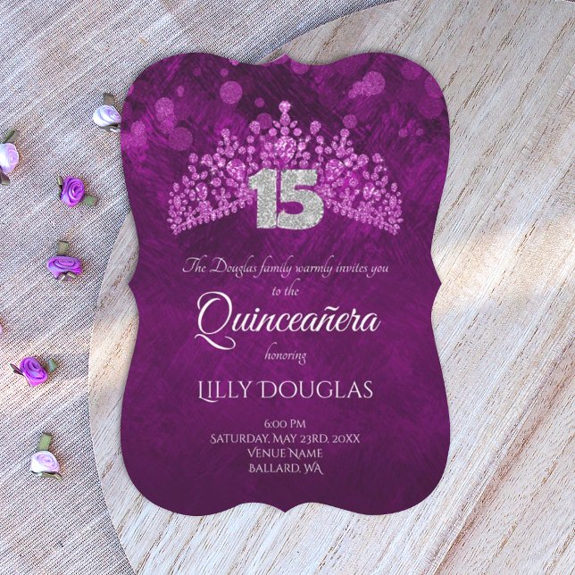 Kunglig Lila, Violett Quinceanera med Rosa Tiara Inbjudningar (royal purple quinceanera invitations with silver 15 and rhinestone tiara)