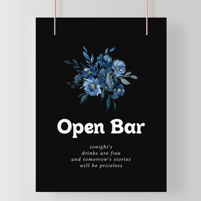 Kunglig Marinblå Blommig Bröllops Öppen Bar Skylt (Skapare uppladdad)