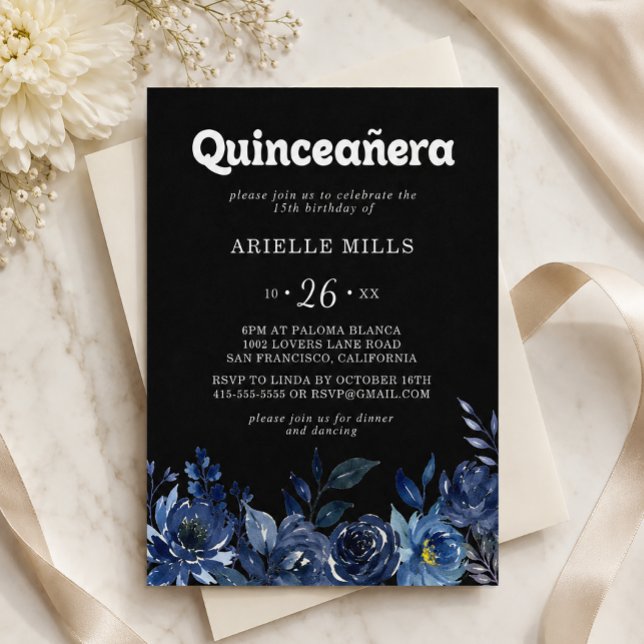 Kunglig marinblå blomstergudstjänst Quinceañera Inbjudningar (Skapare uppladdad)