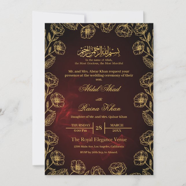 Kunglig Maroon Guld Blommig Islamisk Muslimsk Bröl Inbjudningar (Framsida)