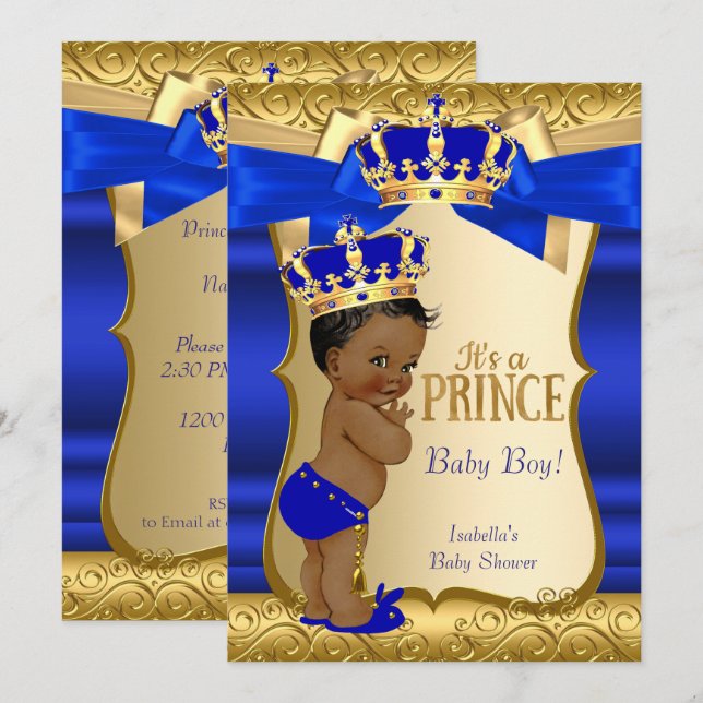 Kunglig prins baby shower blå guld damast etniskt inbjudningar (Fram/baksida)
