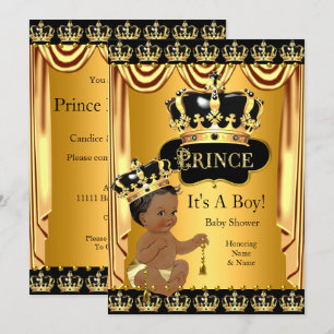 Kunglig prins baby shower svart guld etnisk pojke inbjudningar