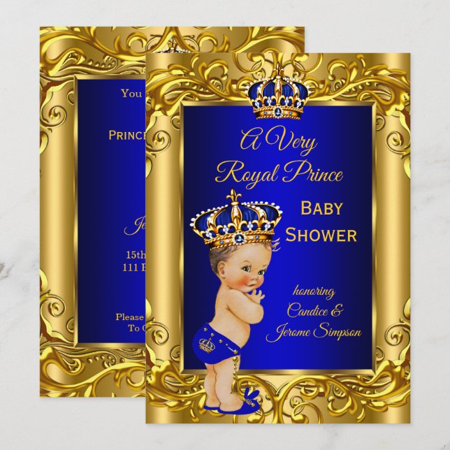 Kunglig prins  Babyshower Royal blå guld brunett Inbjudningar (Fram/baksida)