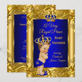 Kunglig prins Babyshower Royal blå guld brunett Inbjudningar