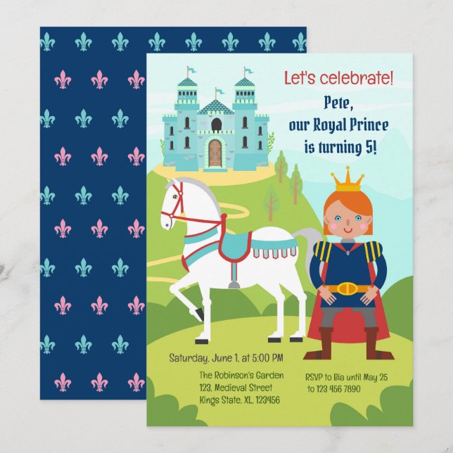 Kunglig prins pojkfödelsedagsfest inbjudningar (Fram/baksida)