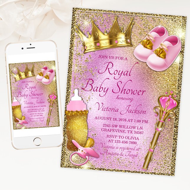 Kunglig prinsessa rosa guld baby shower inbjudningar (Pink gold princess baby shower invitation with cute princess things. For print and download.)