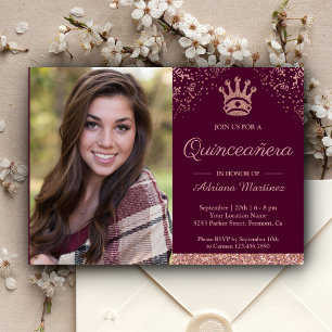 Kunglig prinsessa rosa guld glitter foto Quinceane Inbjudningar