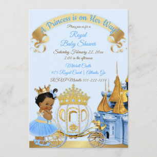 Kunglig Prinsessa Slott Vagn Blå Guld Flick Inbjudningar