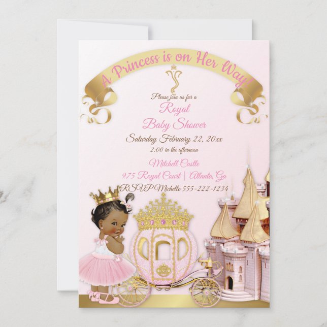 Kunglig Prinsessa Slott Vagn Rosa Guld Flick Inbjudningar (Framsida)