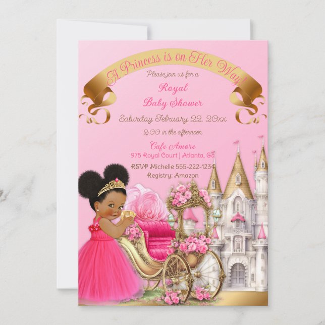 Kunglig Prinsessa Slott Vagn Rosa Guld Flick Inbjudningar (Framsida)