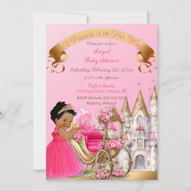 Kunglig Prinsessa Slott Vagn Rosa Guld Flick Inbjudningar (Framsida)