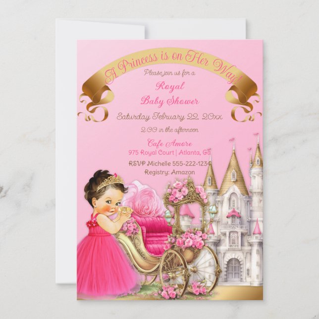 Kunglig Prinsessa Slott Vagn Rosa Guld Flick Inbjudningar (Framsida)