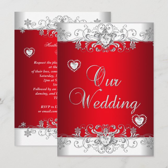 Kunglig Röd Bröllop Silver Diamant Hjärtan Inbjudningar (Fram/baksida)