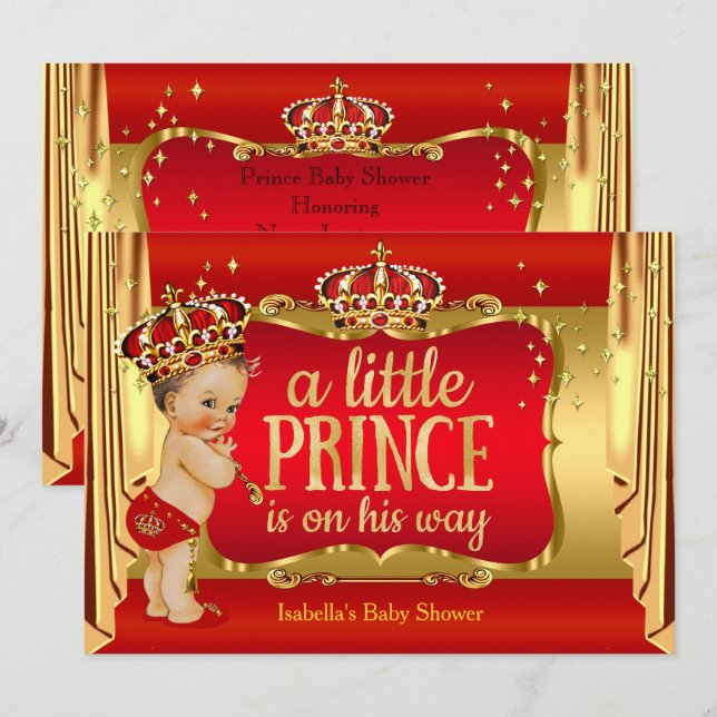 Kunglig röd guld pojke prins baby shower brunett inbjudningar (Fram/baksida)