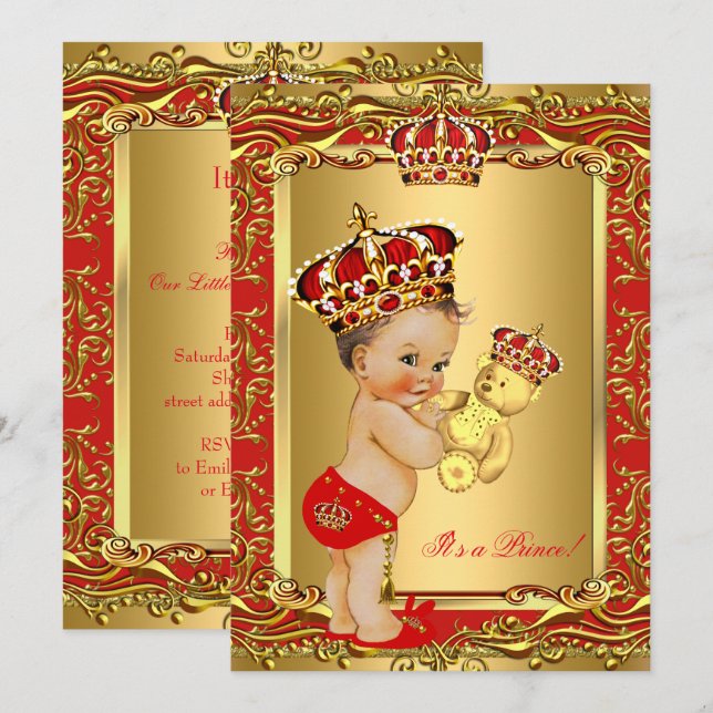 Kunglig röd prins krona baby shower björn inbjudningar (Fram/baksida)