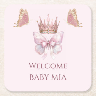 Kunglig Rosa Fjärils Prinsessa Baby Shower Coaster Underlägg Papper Kvadrat