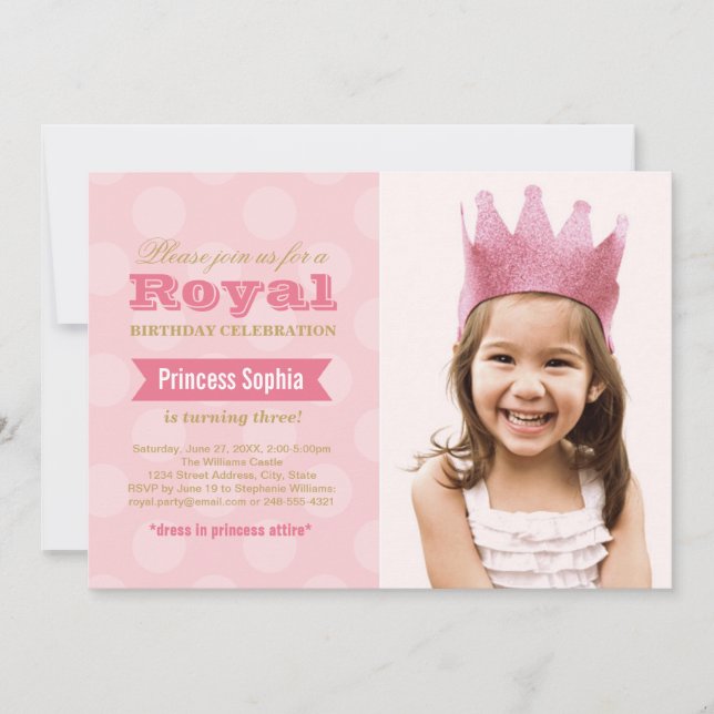 Kunglig Rosa Guld Prinsessa Foto Flicka Födelsedag Inbjudningar (Framsida)