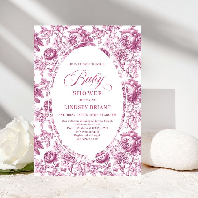 Kunglig Rosenskugga Toile Baby Shower Inbjudan (Royal Blush Rose Pattern Toile Baby Shower Invitation)