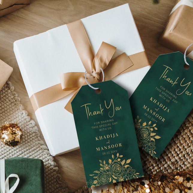 Kunglig Smaragdgrön Guld Blommig Bröllop Tack Presentetikett (Skapare uppladdad)