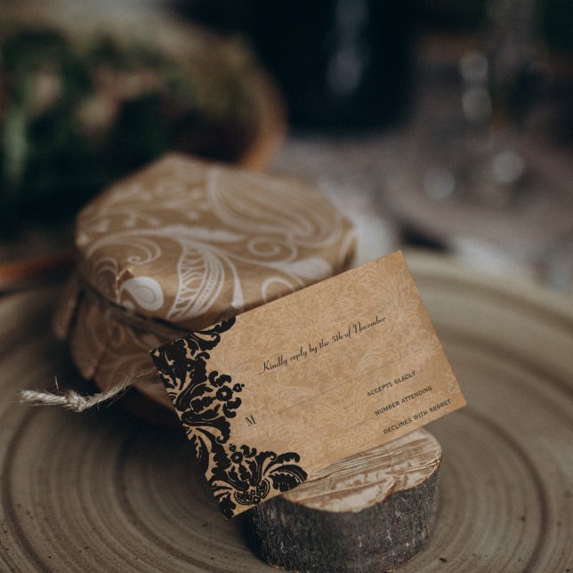 Kunglig svart damask bröllops-RSVP OSA Kort (Skapare uppladdad)