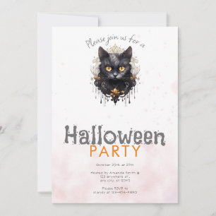 Kunglig svart katt med rhinstenar Halloween-fest Inbjudningar