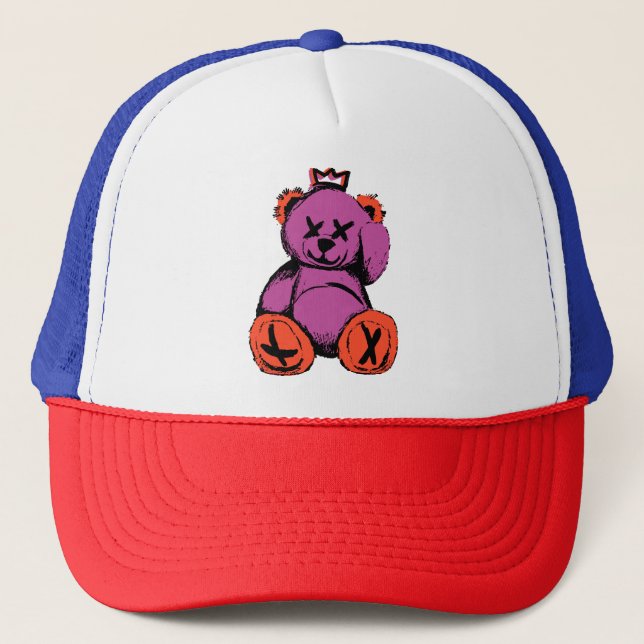 Kunglig Teddybjörn i Lila & Orange Keps (Framsida)