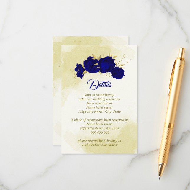 Kungliga blå blommor guld botanisk bröllop tilläggskort (Fram/Back In Situ)