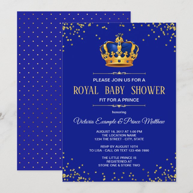 Kungliga blå guld prins baby shower inbjudningar (Fram/baksida)