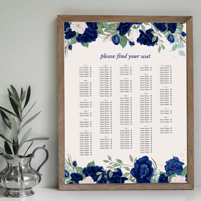 Kungliga Blå Rosor Alfabetisk Sittplatskarta Poster (Alphabetical Seating Chart with royal navy blue rose borders Available printed or printable download)