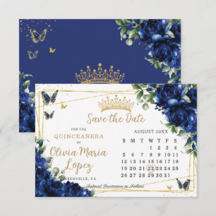 Kungliga blå rosor Blommig guld Quinceañera-kalend Spara Datumet